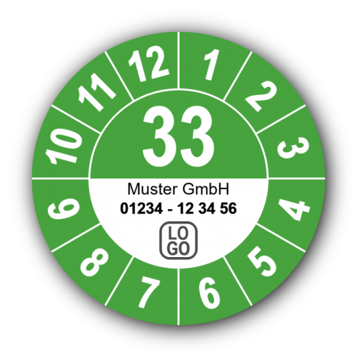 Jahresprüfplakette mit zweistelliger Jahreszahl, 2033, mit Wunschtext