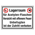 Lagerraum für Acetylen-Flaschen Vorsicht mit offenem Feuer Unbefugten ist der Zutritt verboten (mit Symbolen P003 und D-P006)