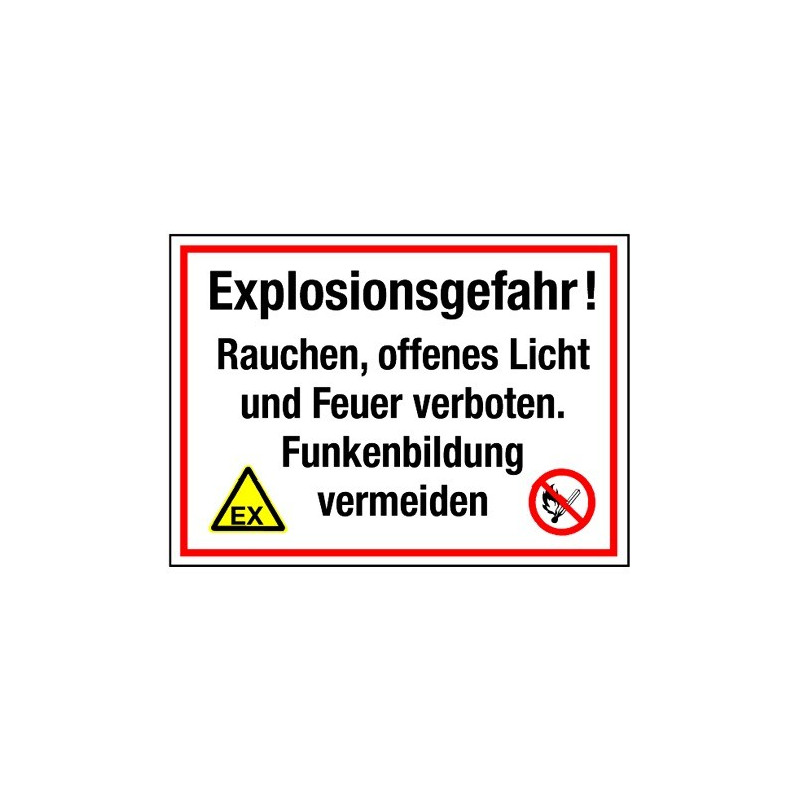 Explosionsgefahr! Rauchen, offenes Licht und Feuer verboten. Funkenbildung vermeiden (mit Symbolen D-W021 und P003)