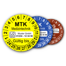 Mehrjahres-Prüfplaketten für Prüfungen in der Medizintechnik MPG, MTK, STK (mit Wunschtext)